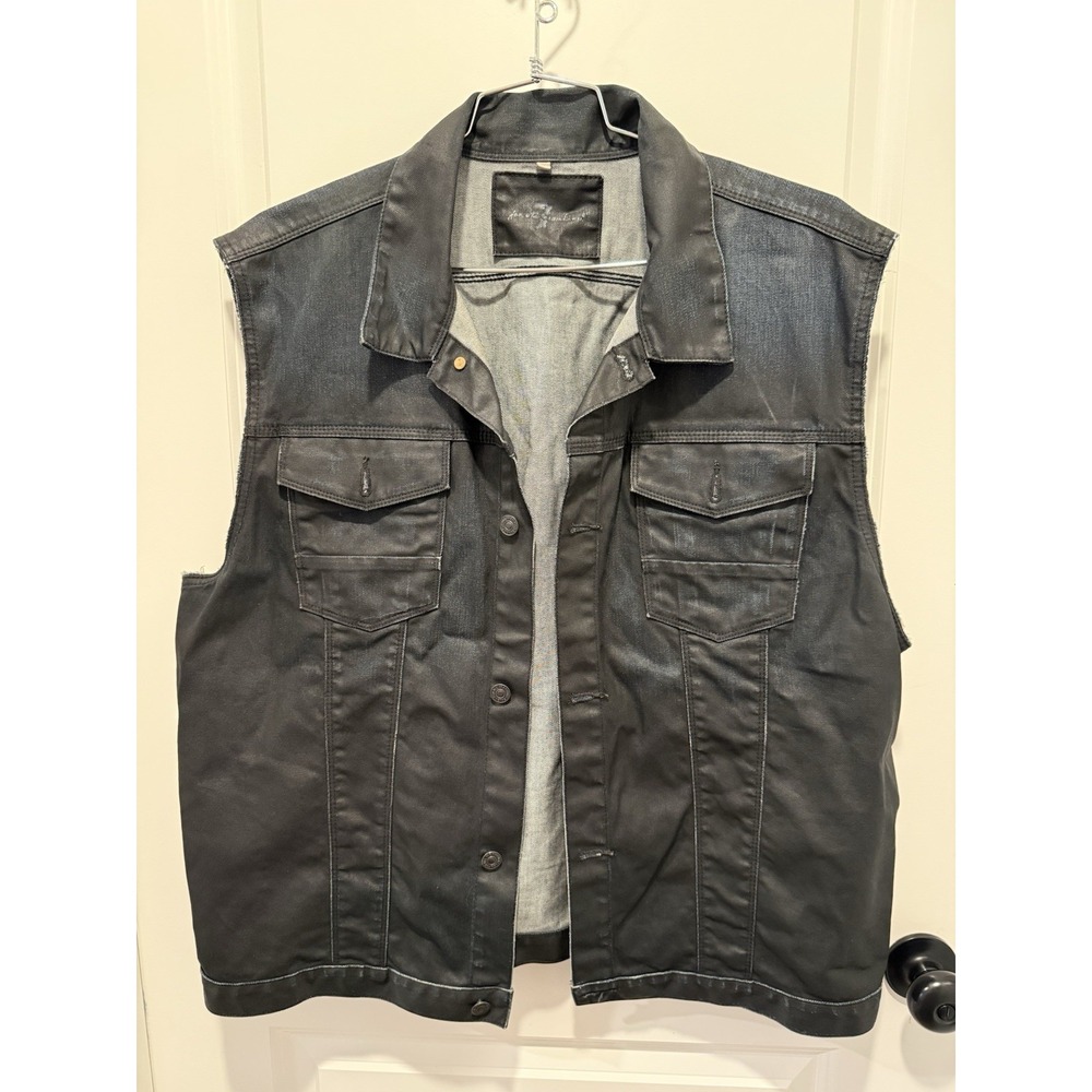 7 For All Mankind Vest Mens XXL Black /blue Coated Denim Trucker Moto Waxed